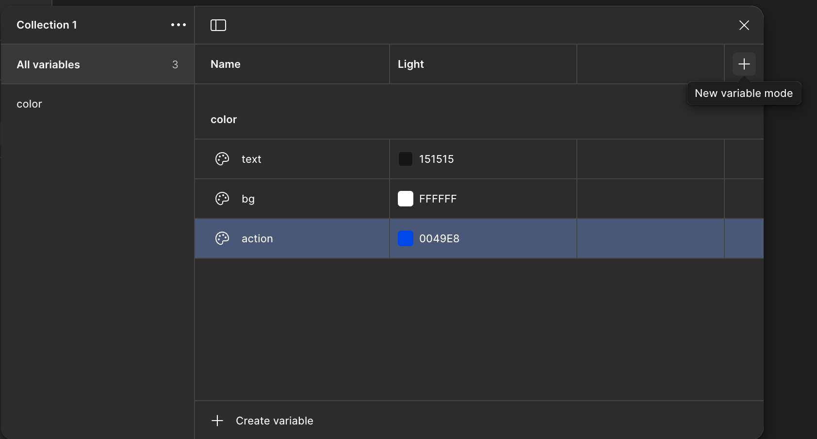 screenshot of the Figma UI, hovering over the plus sign in the Variables panel. The tooltip reads “New variable mode.”