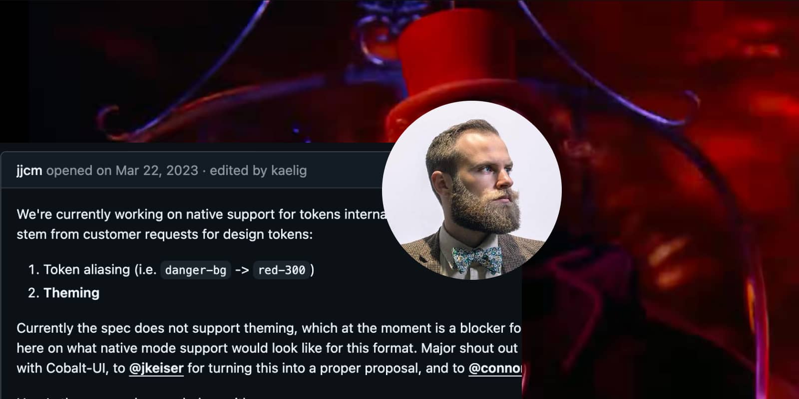 screencap of the psychedelic boat scene from Willy Wonka & the Chocolate Factory (1971), where Gene Wilder (Willy Wonka)’s face is overlaid with the GitHub avatar of the original thread starter, and a screenshot of the comment beside him