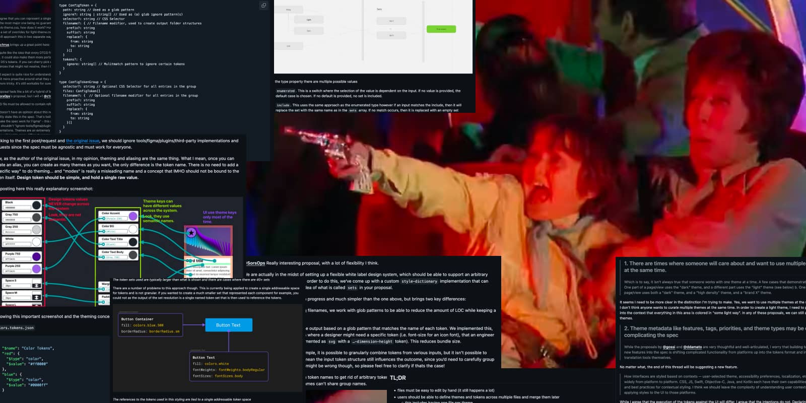 screencap of the same psychedelic boat scene, where Mike TV is screaming, toy gun in hand, raised to shoot the apparitions that appear next to the boat. About 8 GitHub comments are overlaid around Mike TV’s gun, as if he is screaming and shooting at the complex GitHub comments that appear longer, and more complex, than the last, each person showing intense debate over the topic